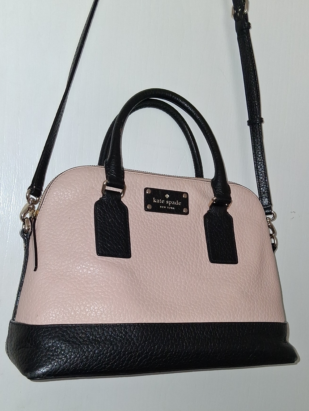 Kate Spade Pink & Black Pebbled Leather Convertible Satchel Xbody Zip Top Bag
